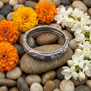 DIVYORO Women's Antique Floral Textured Brass Oxidized Silver Engagement <b>Bangle</b> with KADA Design - Product Image 3