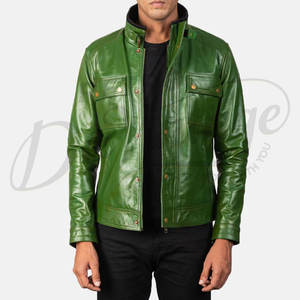 พรีเมี่ยม เมน เลิม กรีน เสื้อแจ็คเก็ตหนัง ปกแบบมีหัวเข็มขัดสไตล์เรโทร กระเป๋าหลายช่อง ทรงเข้ารูป หนังแท้ แฟชั่นลำลอง - Product Image 1