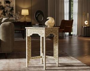 Mesa de Cajones con Incrustaciones de Hueso de ILAHI, Diseño Moderno con Detalles de Ágata, Almacenamiento de Tres Niveles, Mueble Portátil para Sala de Estar/Hogar - Product Image 4