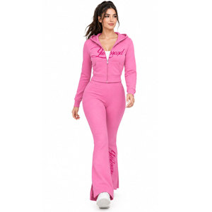 Yourbrand Women's <b>Pink</b> Hooded <b>Tracksuit</b> Full Length Zipper Split Hem Casual Wear With Letter Printing Body Art Design - Product Image 5