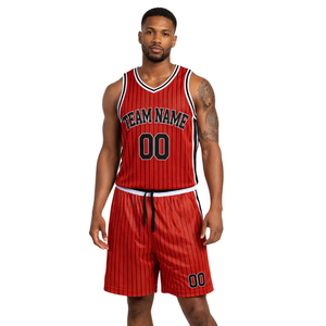 Ensemble uniforme de basket-ball rétro personnalisé à rayures rouges, maillot et short avec bordure blanche et noire, design rétro avec nom et numéro de l'équipe - Product Image 1