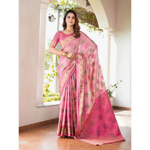 Sari Patola en organza rose Elite Weaves avec détails tissés Zari, robe de soirée élégante, 600g en stock - Product Image 6