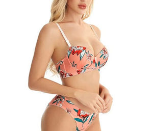 Conjunto de bikini con estampado floral, cuello pronunciado, push-up, licra, poliéster, traje de baño de dos piezas, braguitas tipo tanga para mujer, ajuste regular - Product Image 5