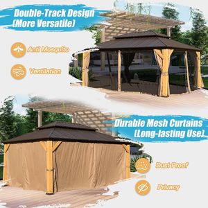 Gazebo da Esterno 12x16FT in Legno di Cedro con Tetto Rigido, Struttura in Acciaio Zincato, Doppio Tetto con Zanzariere e Tende, Padiglione e Pergola - Product Image 6