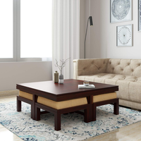 Table basse carrée Smart Art en bois sculpté avec 4 tabourets, décoration de salon, en teck, moderne, faite à la main, réglable