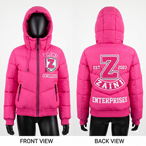 Women 300 GSM Premium Polyester Puffer <b>Jacket</b> <b>Pink</b> Quilted Panel Design Custom Chenille Embroidery Applique Logo Winter Wear - Product Image 1