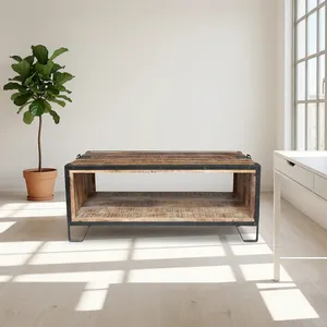 Modern <b>Wooden</b> <b>Outdoor</b> Coffee <b>Table</b> on Iron Stand with Shelf Handcrafted For Seatin <b>Table</b> For Garden Farmhouse Home Hotel Resort - Product Image 2