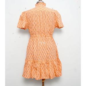 Orange Handmade Floral <b>Print</b> Midi <b>Dress</b> Short Sleeve Stand Collar Button Up High Waist Ruffle A Line Summer <b>Dress</b> - Product Image 4