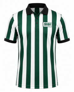 Men Green White Striped Referee Polo <b>Shirt</b> Black Collar Button Placket Short Sleeve Professional Football Officials Game Jersey - Product Image 1