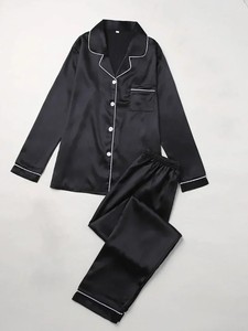 Women's <b>Black</b> Satin Long Sleeve <b>Pajama</b> <b>Set</b> Classic Turn-down Collar Full Length Two-Piece Sleepwear Smooth Material Autumn Wear - Product Image 2