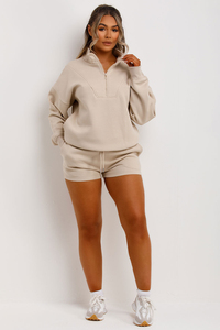Women Beige Tracksuit Set Half-<b>Zip</b> Sweatshirt Shorts Solid Color Casual Loose Fit Full Sleeve Spring Wear - Product Image 3