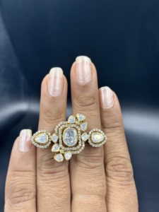 Floral Shape Silver <b>Cocktail</b> <b>Ring</b> Moissanite Stone Oval Shape <b>Gold</b> Plated Amaira Jewels Women Wedding Jewelry Classic Adjustable - Product Image 3