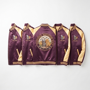 Factory Direct Brown Gold Satin Varsity Jacket Zip Up Custom Embroidered Strake Wheelwright Guild Baseball <b>Coat</b> - Product Image 4