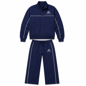Ensemble de survêtement 2 pièces bleu marine uni à capuche pour femme, personnalisable avec logo, en polyester/coton, veste de sport athlétique pour tous - Product Image 5