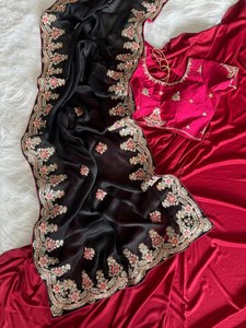 Sari Festivo Premium con Bordado Dori y Lentejuelas, Sari de Seda Royal Fandy con Bordado Dorado Intenso - Product Image 4