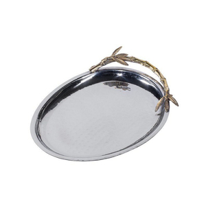 Plateau de service ovale en acier inoxydable avec poignée décorative en bambou, plateau de service alimentaire en métal de qualité supérieure au meilleur prix - Product Image 1