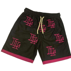 <b>Men's</b> Black Mesh <b>Shorts</b> With <b>Pink</b> Letter Print Drawstring Waist Casual Sport Wear - Product Image 1