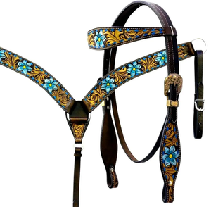 EquiElite Exports Premium Handmade Tooled Leather Western Horse Tack Set Adjustable Headstall <b>Matching</b> Breast Collar Genuine - Product Image 1