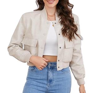 Veste en cuir Vestes courtes à manches longues pour femmes Vestes d'hiver en cuir pour dames Boutonné avec poche Automne Hiver Outwear - Product Image 1