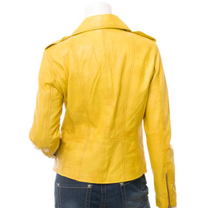 Women's Genuine <b>Leather</b> Moto <b>Jacket</b> Yellow Full Sleeve Stand Collar Zipper Closure Slim Fit Moto OEM Supplier - Product Image 4
