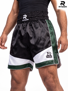 Pantalones Cortos de Muay Thai para Hombre RYDOM, Color Negro, Verde y Blanco, Satén con Bloques de Color, Secado Rápido, Transpirables, Modernos, Logotipo Frontal, Cintura Elástica - Product Image 6