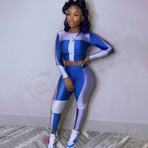 2025 señoras Crop-Top azul-Color Slim-Fit venta al por mayor conjuntos de Yoga Fitness gimnasio Casual Color-Block mono chándales - Product Image 2