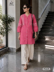 Kurti en coton rose brodé avec pantalon ample pour femmes, style indien, de Samp Corporation - Product Image 4