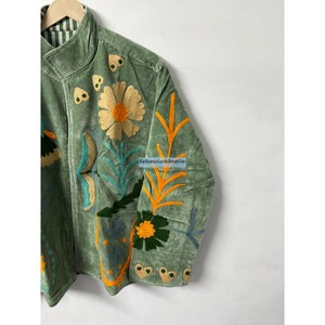Handmade Floral Embroidered <b>Velvet</b> Blouson <b>Women</b> Mandarin Collar Full Sleeve <b>Coat</b> Handmade Embroidery Design For Winter Jacket - Product Image 5