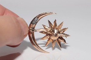 Broche lune en argent 925 plaqué or 14 carats, diamant de laboratoire taille rose, artisanale antique, certifiée, pour mariage, femme et homme - Product Image 4