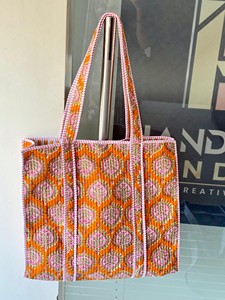 Hand Block Printed Cotton Tote <b>Bag</b> Handmade Quilted Eco-Friendly Durable Lightweight Portable <b>Large</b> Capacity Mesh Lining Zipper - Product Image 2
