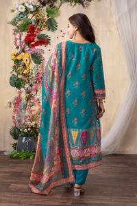 Conjunto de 3 piezas estilo 2026: Kurti, pantalón y dupatta de algodón tejido con cuello redondo, mangas largas y forro de seda bordado de lujo. - Product Image 6