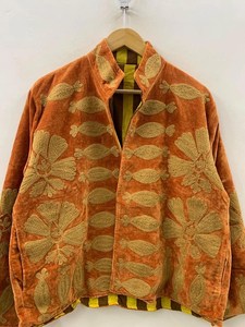 Chaqueta Artesanal de Terciopelo Naranja Oxidado Bordada para Mujer con Motivo Floral Beige Amarillo y Trabajo de Hilo, Chaqueta Abierta - Product Image 4