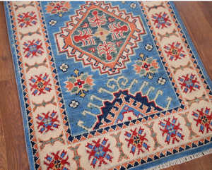 Alfombra Persa Anudada a Mano Kazak, Geométrica, Azul, Blanca, Multicolor, de Lana Ecológica, Antideslizante, de Pelo Medio, para Sala de Estar o Bar - Product Image 5