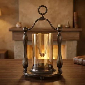 Lanterne cylindrique en métal avec abat-jour en verre résistant à la chaleur, décoration d'intérieur - Product Image 1