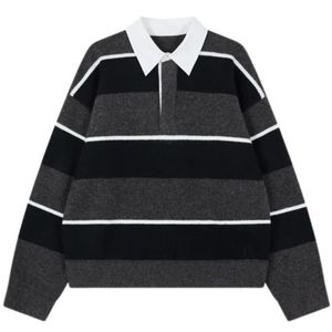 Pull Polo Tricoté Rayé pour Homme, Col Contrastant, Manches Longues, Gris Anthracite, Décontracté, Hiver, Mélange Coton Doux, OEM - Product Image 2
