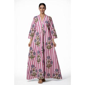 Vestido maxi bohemio de algodón con estampado a mano de rayas rosas, vestido largo holgado con estampado floral para mujer. - Product Image 1