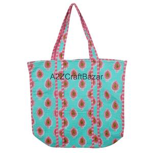 Handmade Quilted Cotton Tote <b>Bag</b> with Long Handle Striped Pattern Indian Craftsmanship Rajasthan for Women-Groceries Daily Use - Product Image 4