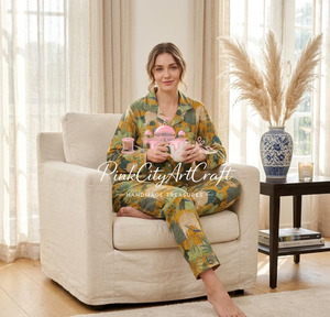 Handmade Winter Cotton Pajama Set for Women Premium Soft Breathable Eco-Friendly Nightwear Long Sleeve Shirt <b>Trousers</b> Gift Her - Product Image 6