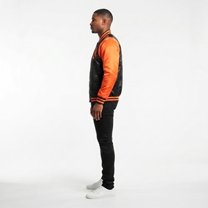 KVJ118 Bomber Varsity da <span class=keywords><strong>uomo</strong></span> in raso per inverno nero arancione <span class=keywords><strong>senza</strong></span> colletto con ricamo serigrafia - Product Image 3