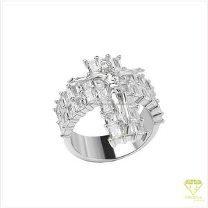 Luxury 925 Sterling <b>Silver</b> Moissanite Diamond <b>Cross</b> <b>Ring</b> With Layered Baguette Stone Setting For Global Jewelry Buyers - Product Image 2