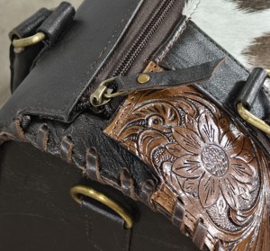 Western Style 100% Genuine Leather Speedy Handbag With Cowhide Panel & Brown Florals Tooling Black & White Cowhide Fur For Women - Product Image 3