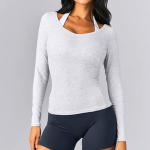 T-shirt de sport moulant pour femme en maille côtelée haute élasticité, coupe ajustée, col en V profond, sans couture, tricoté, style formel - Product Image 6