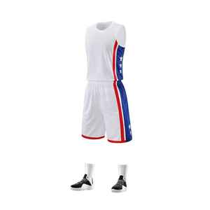 Conjunto de Uniforme de Baloncesto para Hombre, Blanco, Azul y Rojo, Camiseta sin Mangas, Pantalones Cortos, Estampado de Bandera Sublimado, Cintura Elástica, Poliéster - Product Image 1
