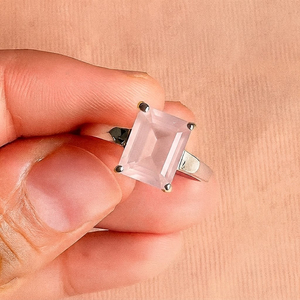 Wholesale Rhaya Jewels Women's Romantic Rhodium Plated Rose Quartz Sterling <b>Silver</b> <b>Emerald</b> Cut Prong Setting Solitaire <b>Ring</b> for - Product Image 1