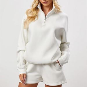 Custom Design Women's Track Top Relaxed Fit Funnel Neck 1/4 <b>Zip</b> Embroidered Gym Crop Top Off Shoulder <b>Sweatshirts</b> - Product Image 6