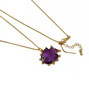 Amethyst Fish Pendant <b>Necklace</b> Handmade Carved Gemstone Jewelry Gold Plated <b>Statement</b> <b>Necklace</b> With Green Stone Eye Accent - Product Image 2