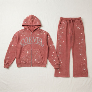 Luxury Winter Oversized <b>Vintage</b> Washed Hoodies Custom Rhinestone Heavy Fleece Zip Sweatshirt Jogger Sets <b>Y2K</b> Baggy Sweatsuit ODM - Product Image 5