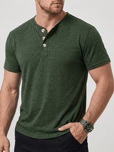 Men's Short Sleeve Henley T-Shirt Solid Color Knitted Cotton Casual Regular Fit Breathable V-neck Maroon Jersey Button-Up - Product Image 3