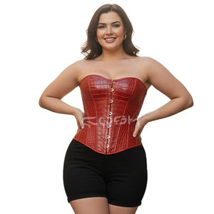 <b>Women</b>’s <b>Red</b> Crocodile Genuine Leather Corset Waist <b>Trainer</b> Club Wear Top with Steel Boning - Product Image 2