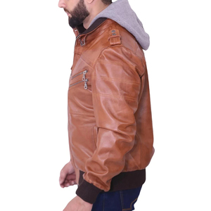 Blouson moto d'hiver pour homme en cuir d'agneau véritable marron, style décontracté, avec fermeture éclair gaufrée, imperméable, à capuche, tissu ODM - Product Image 5